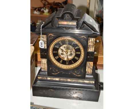 A NINETEENTH CENTURY BLACK SLATE AND MARBLE MANTEL CLOCK, the case of architectural form, with brocot escapement, the black d