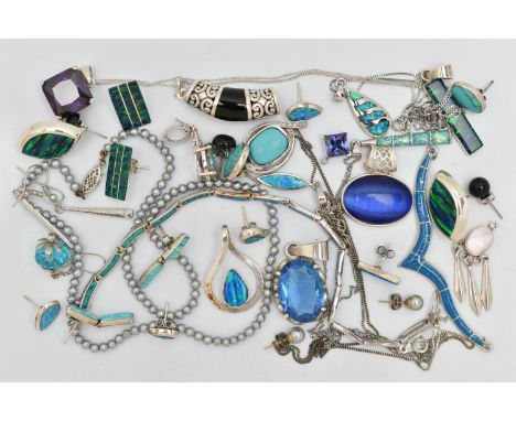 A BAG OF WHITE METAL JEWELLERY, to include nine pairs of earrings, with imitation/synthetic opal, turquoise, onyx stones, fou