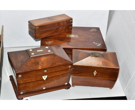 A GROUP OF TEA CADDIES, WOODEN BOXES AND A TELESCOPE, comprising two tea caddies of sarcophagus form, the larger with mother 