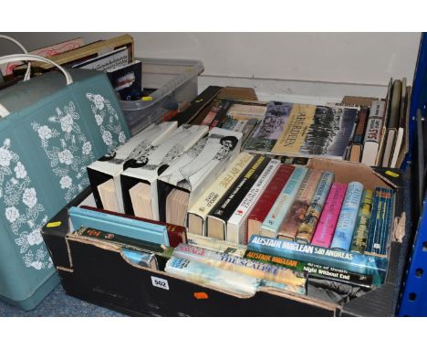 THREE BOXES AND LOOSE ASSORTED BOOKS, VIDEO TAPES, LPS, CDS, AND TWO VINTAGE SEWING MACHINES WITH A BOX OF SEWING SUPPLIES to
