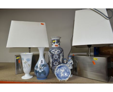 A GROUP OF CERAMICS AND TABLE LAMPS, comprising a Royal Copenhagen 'Apple Blossom' vase, a Wedgwood 'Ice Rose' pattern vase, 