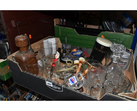 THREE BOXES OF BREWERIANA, to include a collection of vintage optics and measures, advertising drinking glasses, a Teacher's 