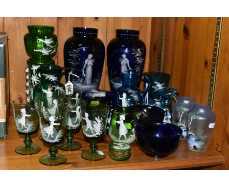 A GROUP OF BLUE AND GREEN MARY GREGORY STYLE GLASS WARE, to include a pair of large blue vases height 27cm, a similar sized g