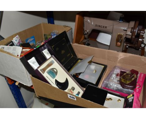 TWO BOXES OF FRAGRANCES, KEYRINGS AND A SINGER SEWING MACHINE, to include a large collection of novelty keyrings, comprising 