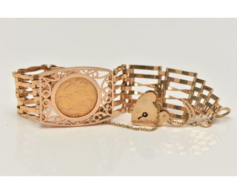 A SOVEREIGN GATE BRACELET, an Edward VII half sovereign depicting George and the Dragon 1909, mounted in a six bar 9ct yellow