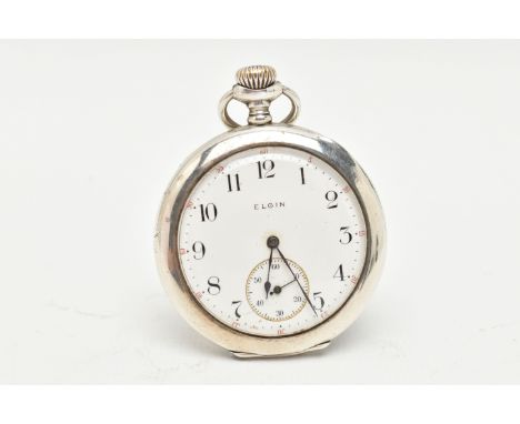 A 1920s SILVER OPEN FACE ELGIN TOP WOUND POCKET WATCH, the white enamel dial, with black hourly applied Arabic numerals, oute