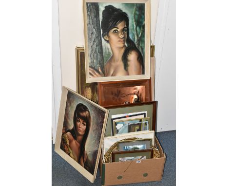 A BOX AND FIVE LOOSE SECOND HALF 20TH CENTURY PAINTINGS AND PRINTS, including two J. H. Lynch portrait prints of women, R. Ha