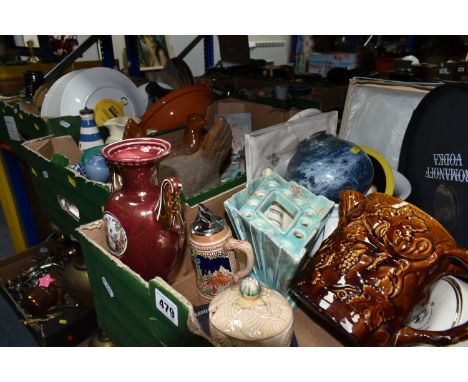 FOUR BOXES OF CERAMICS AND ART POTTERY, to include a Staffordshire 'Chef Ware' vinegar decanter, a Boscastle Pottery jug, jar