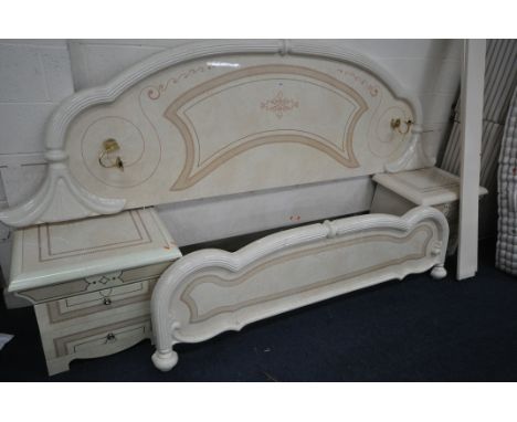 AN ITALIAN CREAM FINISH BEDSTEAD, with a shaped headboard that has a pair of lamp, flanked by two drawer bedside chests (cond