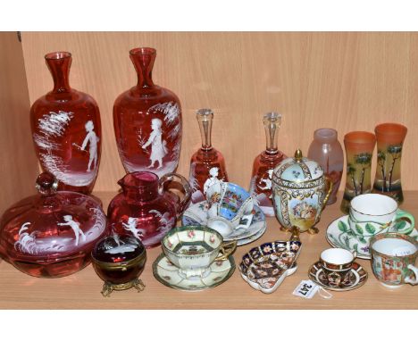 A GROUP OF MARY GREGORY STYLE GLASS AND VARIOUS CERAMICS, to include seven pieces of Mary Gregory style cranberry glass inclu