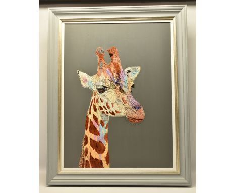 STEPHEN FORD (BRITISH CONTEMPORARY) 'SUGAR', a contemporary portrait of a Giraffe, signed, titled and dated '22 verso, mixed 