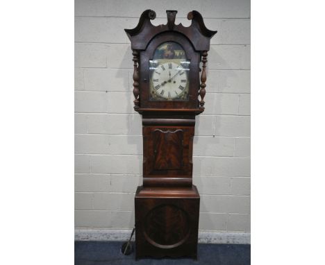 A GEORGIAN MAHOGANY LONGCASE CLOCK, with twin swan neck pediment and turned supports, flanking an arched glazed door, that's 