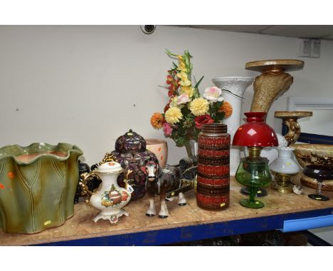 A COLLECTION OF LARGE CERAMICS AND GLASS, including mid 20th century West Germany floor standing vase 281-41, large jardinier