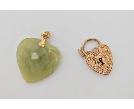 A 9CT GOLD HEART PADLOCK CLASP AND A JADE PENDANT, the foliate pattern heart padlock clasp, hallmarked 9ct London, approximat