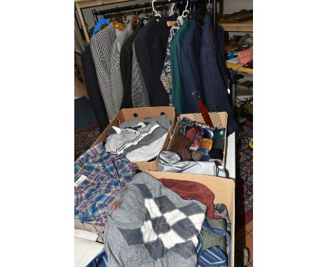 FOUR BOXES AND LOOSE GENTLEMENS CLOTHING, to include sweaters, neck ties, shirts and trousers, jackets and suits, maker's nam