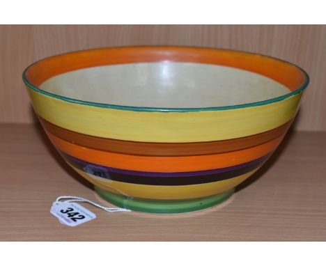 A CLARICE CLIFF 'LIBERTY STRIPE' BOWL, painted with yellow, ochre, orange, purple, dark brown and green bands, printed gilt b