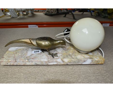A FRENCH ART DECO TABLE LAMP, marble base, the shade is a dome style frosted glass, a  bronzed metal pheasant sculpture to th