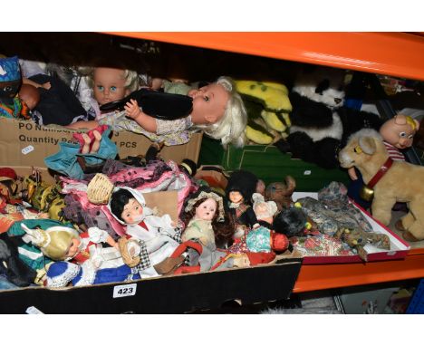 FOUR BOXES AND LOOSE SOFT TOYS AND DOLLS, to include Steiff Brown Cow with Cowbell, No.5477/25, Merrythought Frog with workin