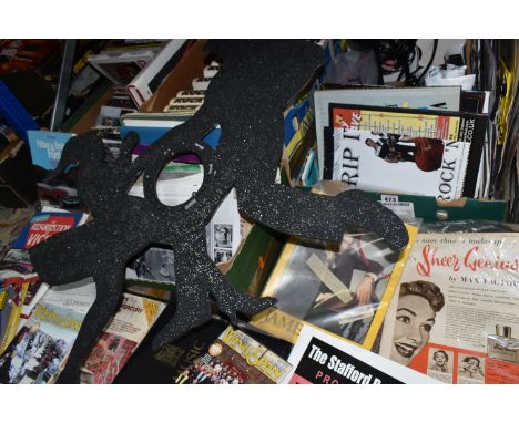 FOUR BOXES OF ROCK AND ROLL THEMED BOOKS, EPHEMERA AND SUNDRIES, to include a collection of ten Orbis 'The History Of Rock' v