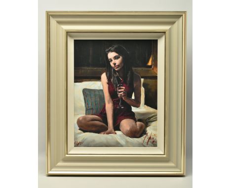 FABIAN PEREZ (ARGENTINA 1967) 'BELLA', a signed limited edition portrait of a female figure sitting on a bed, 67/95 with cert