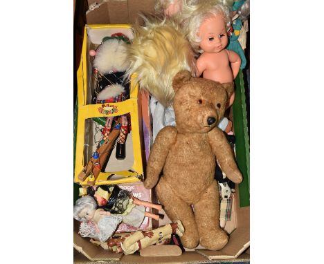 ONE BOX OF DOLLS AND VINTAGE A GOLDEN PLUSH TEDDY BEAR, amber and black plastic eyes, plastic nose, jointed body with origina