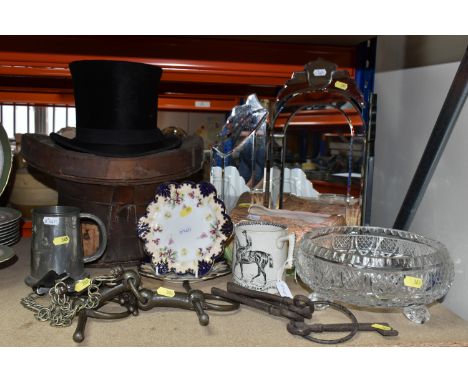 A SELECTION OF VINTAGE TACK, A TOP HAT, AND HOMEWARE to include a 'Christy's Victorian 'Felt Band' top hat with manufacturers