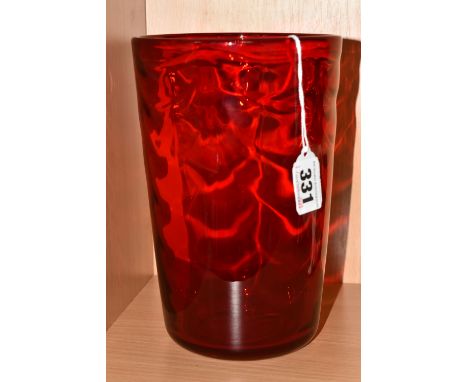 A LARGE RUBY RED WHITEFRIARS TUMBLER VASE,  of tapered form with wavy ribbed decoration, designed by Marriott Powell, height 