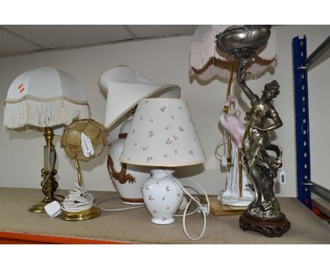 A GROUP OF TABLE LAMPS AND FIGURE, comprising five table lamps of different styles, including an Italian lamp base in the for