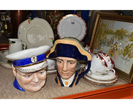 A GROUP OF PORCELAIN DINNERWARE, TWO CHARACTER JUGS, AND A PRINT to include a Royal Doulton 'Winthrop' six person dinner set 
