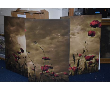 A THREE SECTION BOX CANVAS WALL ART PRINT OF POPPIES AGAINST A NIGHT SKY, 100cm x 65.5cm, with two cardboard storage boxes (3