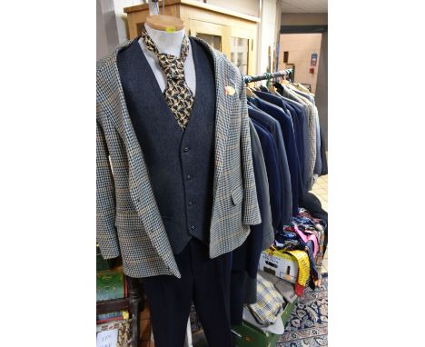 THREE BOXES AND LOOSE GENTLEMEN'S CLOTHING, to include a reversable cotton Burberry jacket, a navy blue wool overcoat UK size