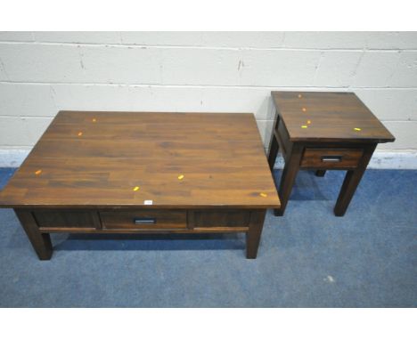 A HARDWOOD RECTANGULAR COFFEE TABLE, with a double sided drawer, width 120cm x depth 80cm x height 46cm, along with a pair of