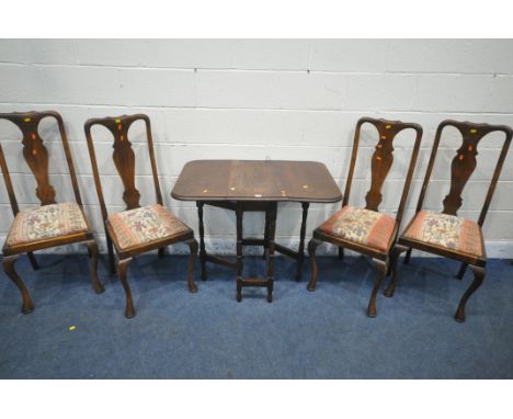 AN EARLY 20TH CENTURY SMALL OAK GATE LEG TABLE, open width 92cm x closed width 35cm x depth 61cm x height 75cm, along with a 