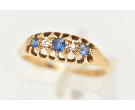 AN EDWARDIAN 18CT GOLD SAPPHIRE, SYNTHETIC SAPPHIRE AND DIAMOND FIVE STONE RING, set with a cushion shape mixed cut sapphire,