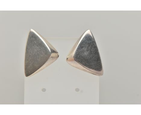 A PAIR OF 'GEORG JENSEN' CLIP ON EARRINGS, of triangular outline with clip earring backs, stamped Georg Jensen 925S, approxim