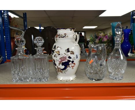 A LARGE MASON'S 'MANDALAY' PATTERN VASE AND THREE DECANTERS, comprising a two handled Mason's 'Mandalay' pattern vase, a pair