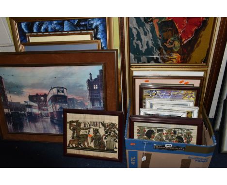 A BOX AND LOOSE OF SECOND HALF 20TH CENTURY PAINTINGS, PRINTS AND TAPESTRY PICTURES, including an impasto view of a Continent