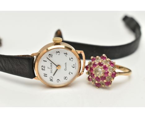 A 9CT GOLD RING AND WATCH, the tiered cluster ring set with synthetic white spinel and synthetic ruby, ring size N, hallmarke