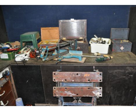 FIVE BOXES CONTAINING TOOLS including a Parkside engraver (PAT pass and working), saws, rasps, files, a Thor Hide and Copper 