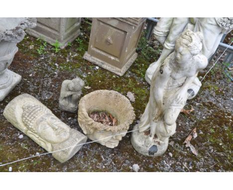 A COMPOSITE GARDEN FIGURE OF A SCANTILY CLAD LADY, height 93cm, a planter in the form of a face, along with two other composi