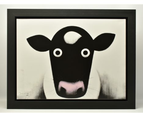 DOUG HYDE (BRITISH 1972) 'MOO', a signed limited edition print on canvas depicting a quirky cow, 30/195 without a certificate