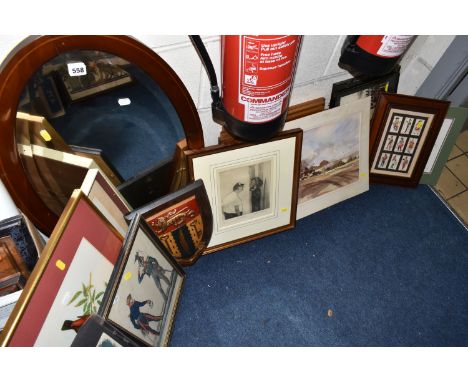 A SELECTION OF PAINTINGS AND PRINTS ETC, to include two Julia Midgley tennis themed pen and watercolour sketches, approximate