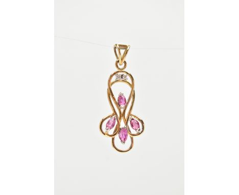 AN 18CT GOLD RUBY AND DIAMOND PENDANT, the open scrolling wirework design set with four marquise shape rubies and two brillia