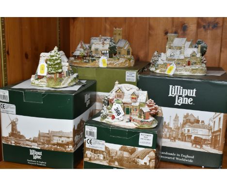 FOUR BOXED LILLIPUT LANE ILLUMINATED COTTAGES COLLECTION SNOW COTTAGES, comprising 'Christmas Lights At Sweet Delights' L2556