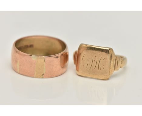 TWO GENTS RINGS, the first a wide polished rose gold band ring, approximate band width 8.7mm, hallmarked 9ct Birmingham, ring