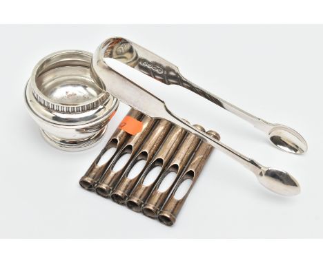THREE ITEMS OF SILVER, to include a pair of Victorian fiddle pattern sugar tongs, engraved initials to the terminal, hallmark