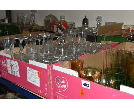 SEVEN BOXES AND LOOSE GLASSWARE, including whisky glasses and decanter set, a mid-century gilt lemonade set of six glasses an