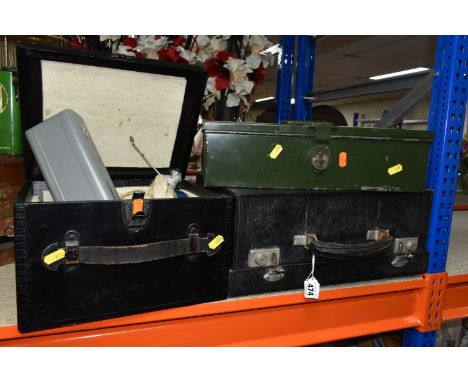 TWO MEDICAL CASES, A FIRST AID TIN AND VINTAGE MEDICAL EQUIPMENT, comprising a green metal 'First Aid' box, a three drawer tr
