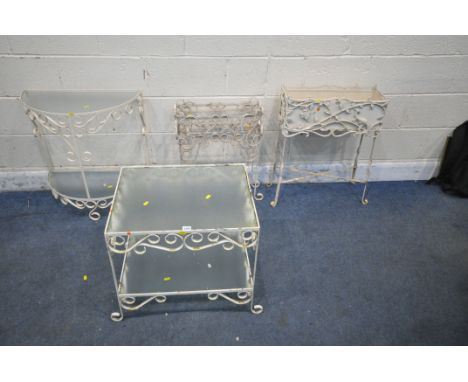 A SELECTION OF WHITE PAINTED METAL OCCASIONAL FURNITURE, to include a two tier glass rectangular table, width 67cm x depth 46