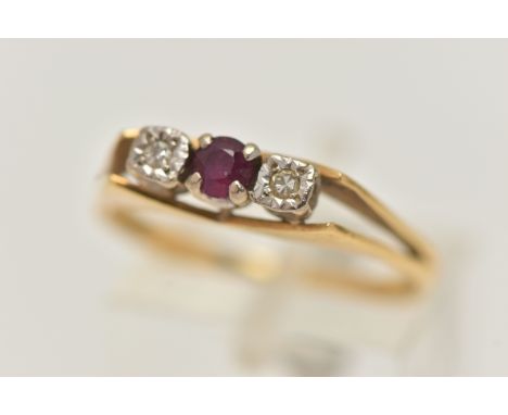 AN 18CT GOLD RUBY AND DIAMOND RING, a single circular cut ruby and two illusion set single cut diamonds, prong set in white m